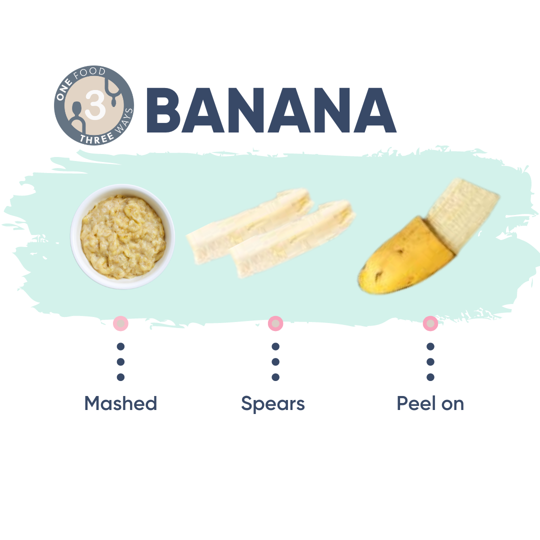 Three ways to serve banana: mashed in a bowl, two spears, and a banana with peel on.