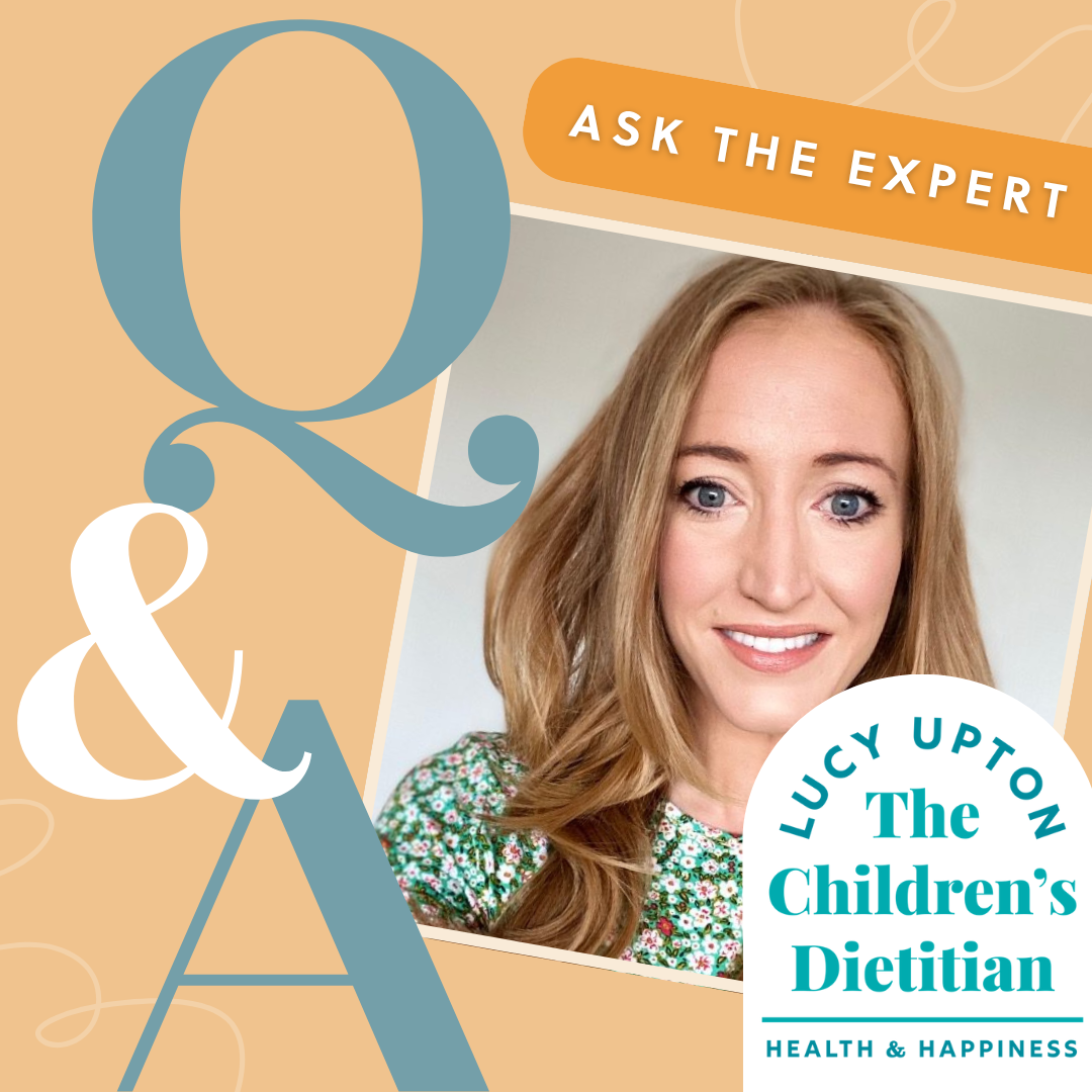 Lucy Upton, The Children's Dietitian, smiling in a Q&A graphic with "Ask the Expert" banner.