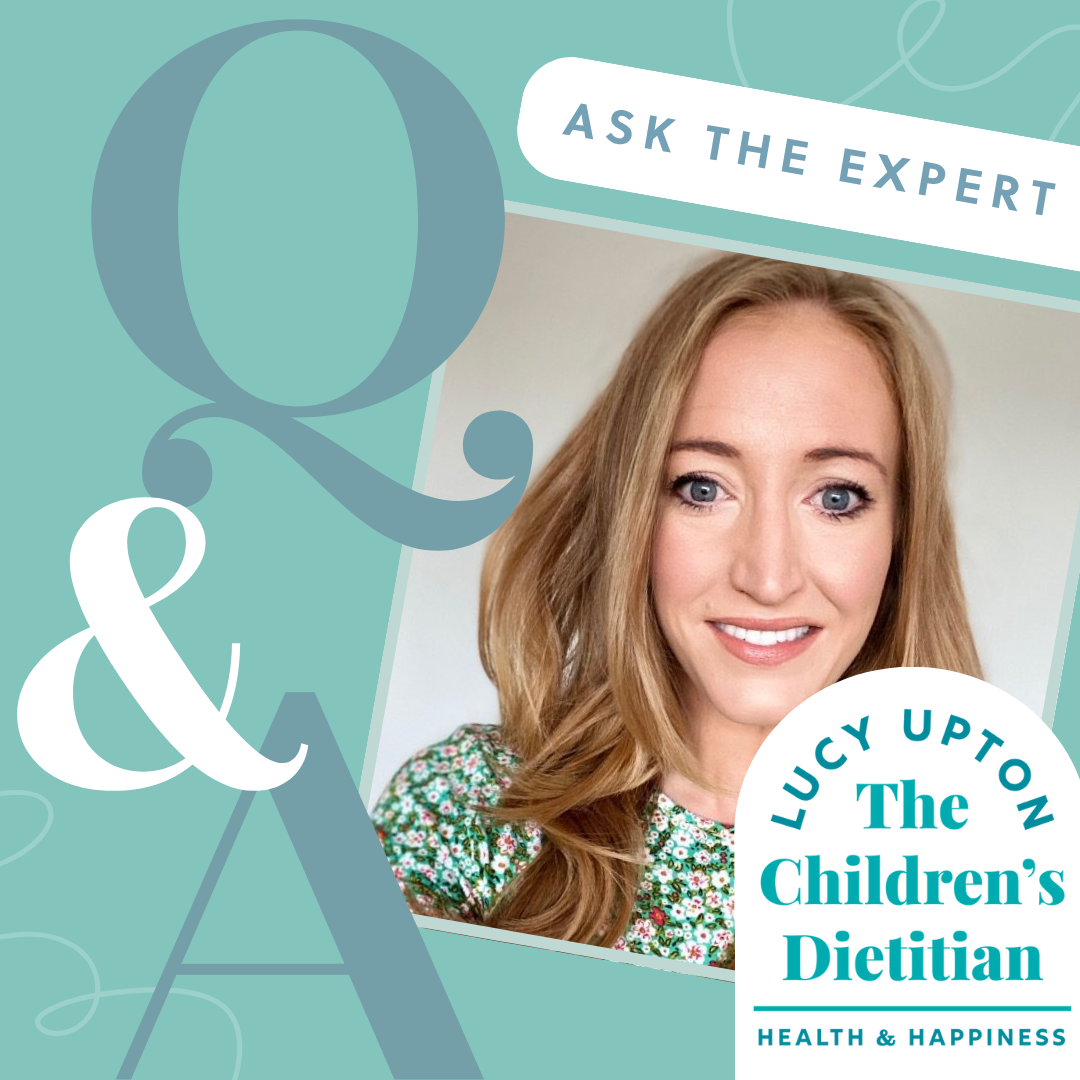 Lucy Upton, The Children's Dietitian, smiling against a teal background with "Q & A" overlay.
