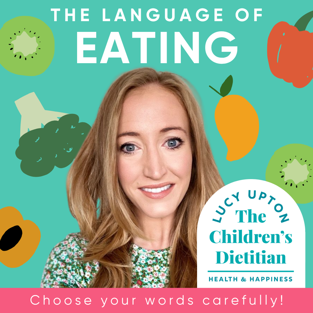Smiling woman, Lucy Upton, The Children's Dietitian, surrounded by colourful fruit and vegetable illustrations.