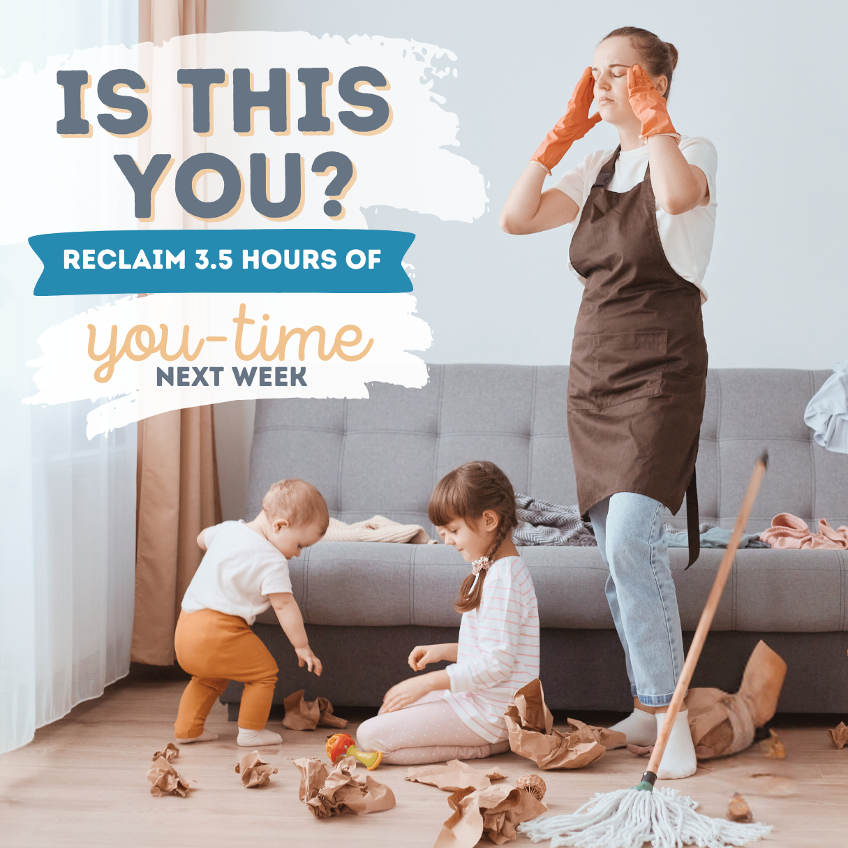 Stressed mum in an apron with two young children making a mess, surrounded by crumpled paper.