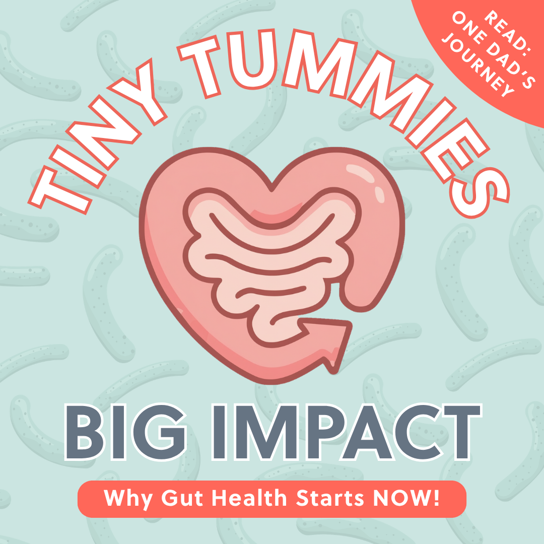 Stylised illustration of a heart containing intestines, surrounded by "Tiny Tummies Big Impact" text.