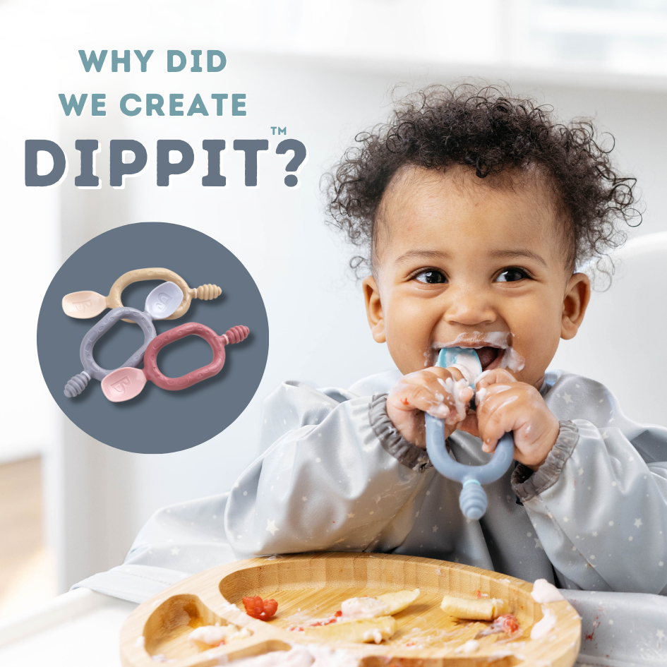 Happy baby in a bib, eating from a bamboo plate, holding a blue Dippit. Inset shows multiple coloured Dippits.