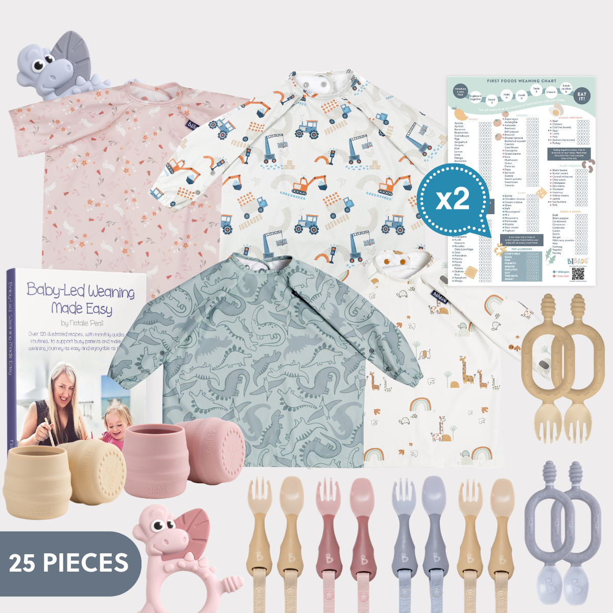 Twin Bears weaning bundle with pink floral, blue dinosaur, and construction bibs, cups, cutlery, teethers, and charts. - Product image