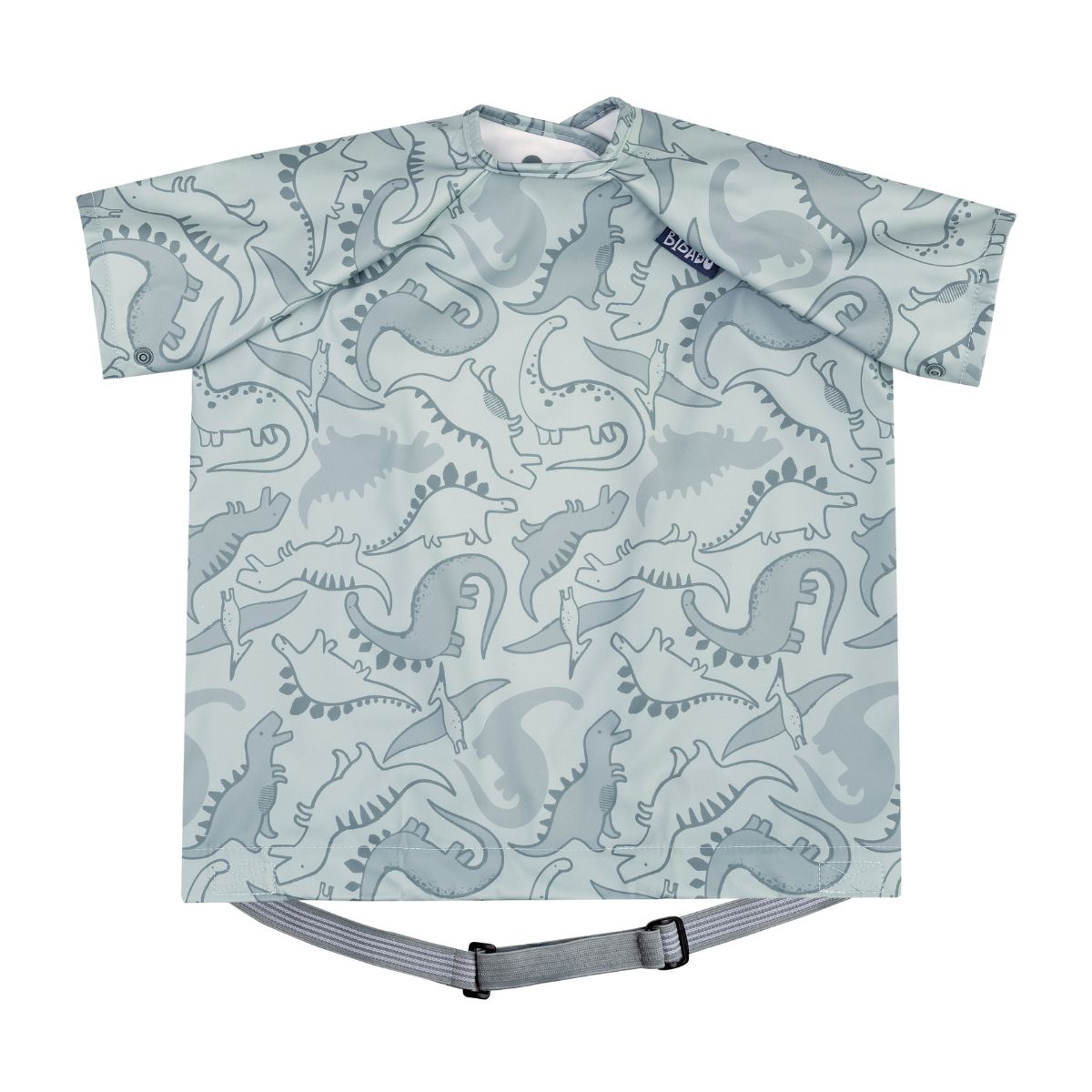 Light blue short-sleeve coverall weaning bib with grey dinosaur print and adjustable waist strap. - Product image