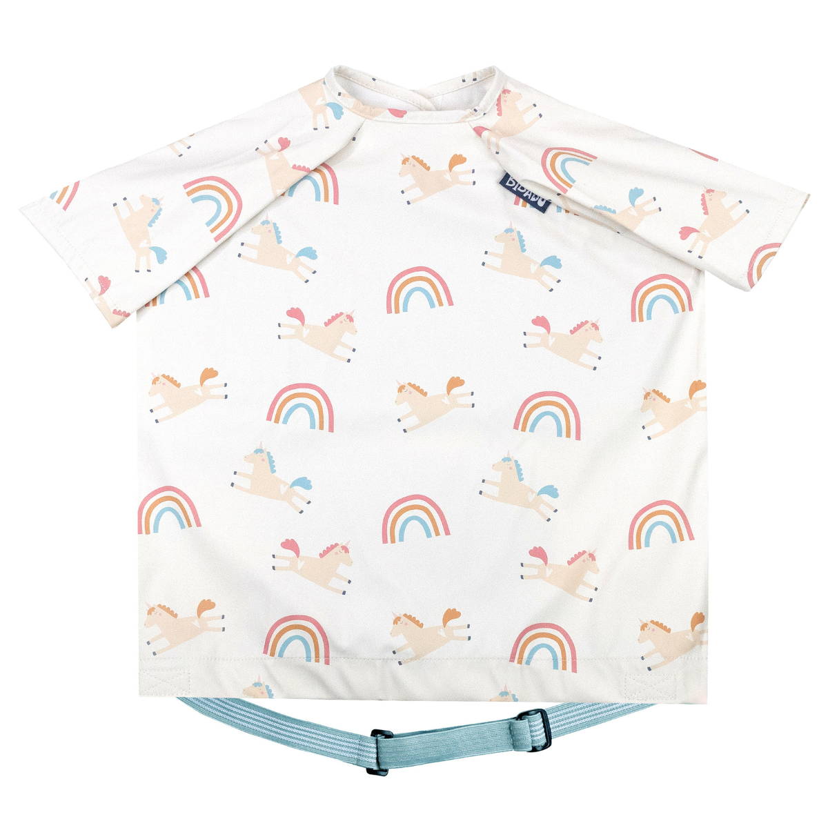 White short-sleeve Bibado Coverall Weaning Bib with colorful unicorn and rainbow print, plus a blue adjustable strap. - Product image