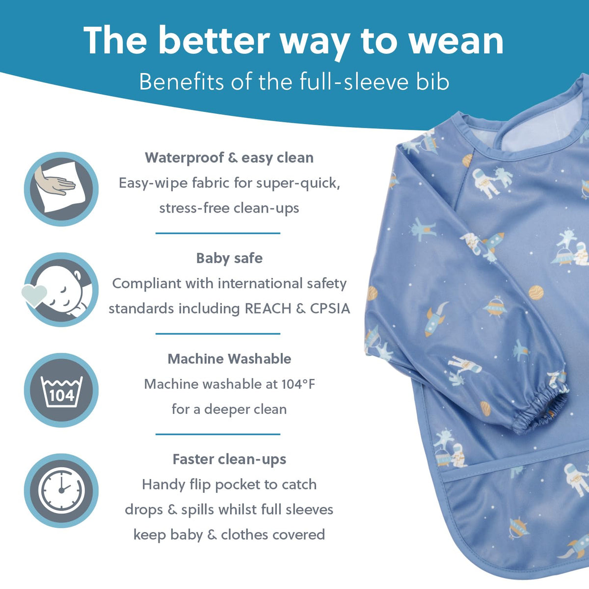 Blue full-sleeve weaning bib with space-themed rockets and astronauts, featuring a front pocket. - Product image
