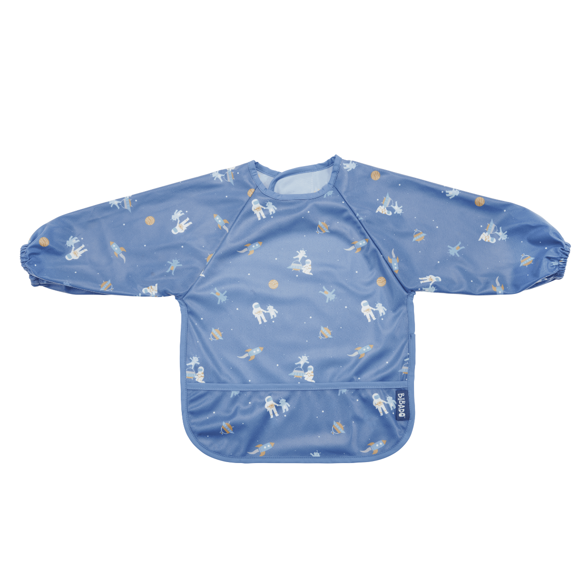 Blue long-sleeved weaning bib with astronaut and rocket print, featuring a front food-catching pocket. - Product image