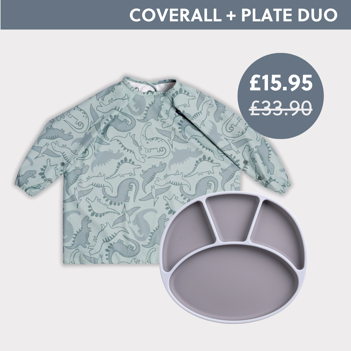 Light green long-sleeved coverall bib with grey dinosaur print and a grey silicone divided weaning plate. - Product image