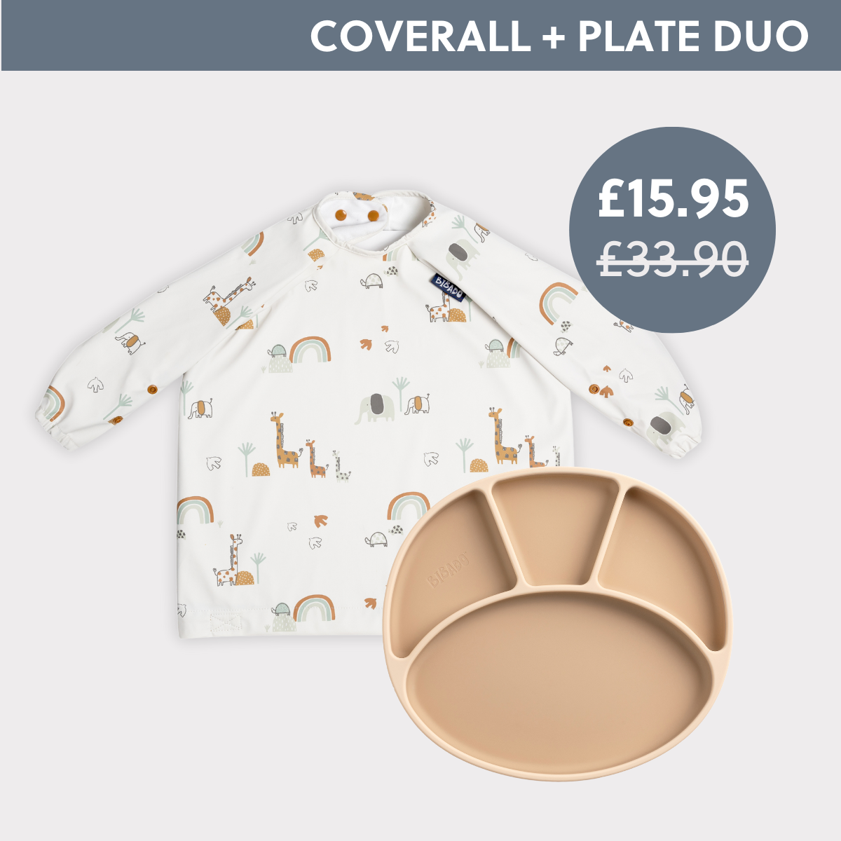 White long-sleeved weaning coverall with safari animals and rainbows, paired with a beige silicone divided plate. - Product image