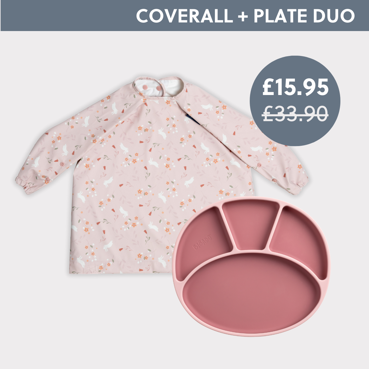 Pink long-sleeved weaning coverall with bunny print and matching silicone suction plate with three compartments. - Product image