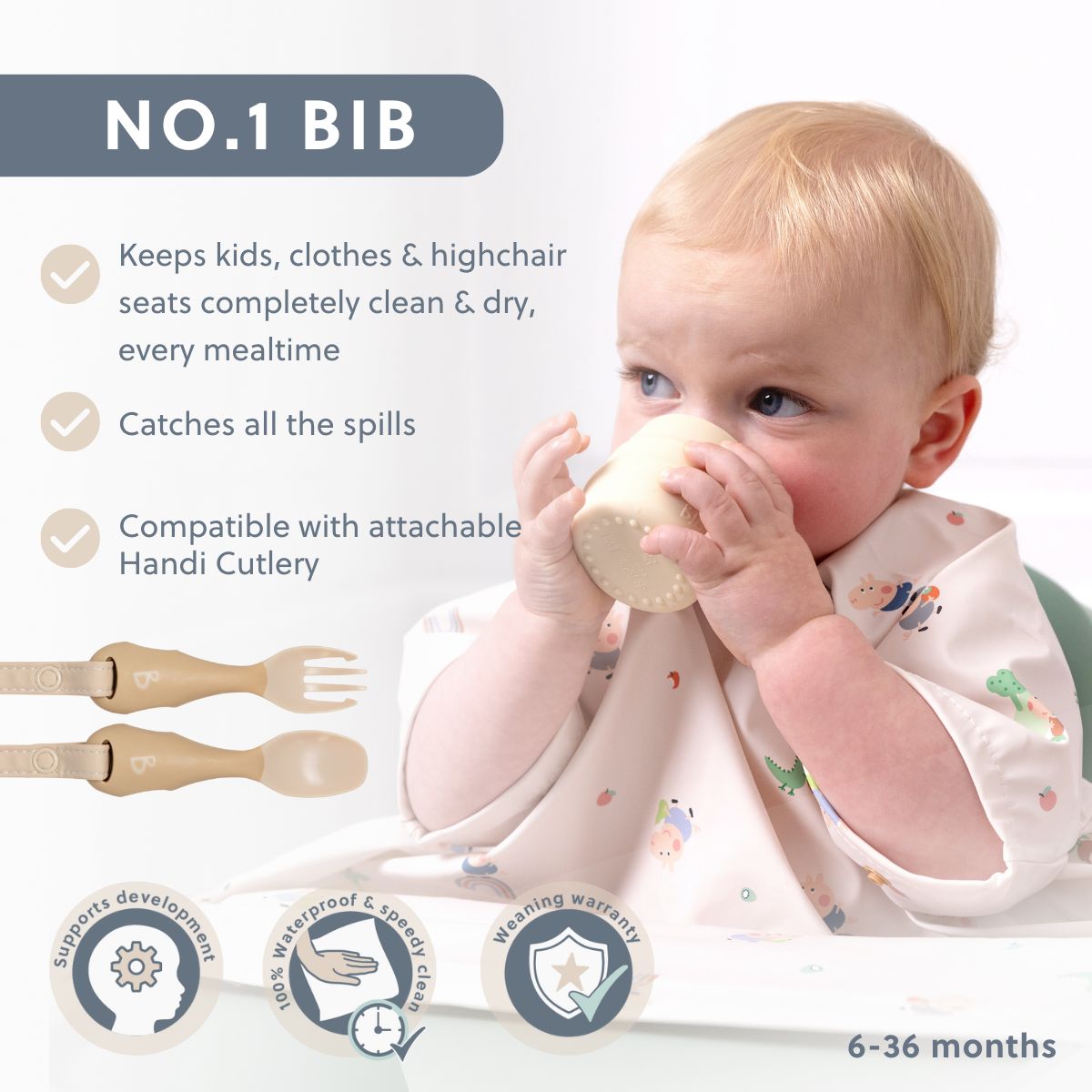 Baby in a short-sleeve, light pink coverall weaning bib with animal print, drinking from a cup. - Product image