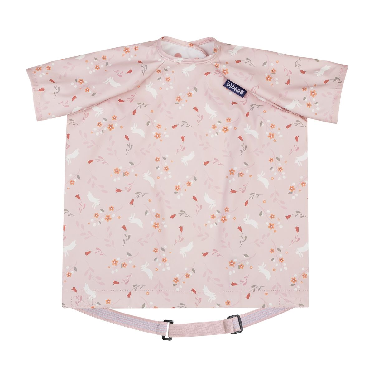 Pink Bibado short-sleeve coverall weaning bib with white bunnies and orange floral pattern. - Product image