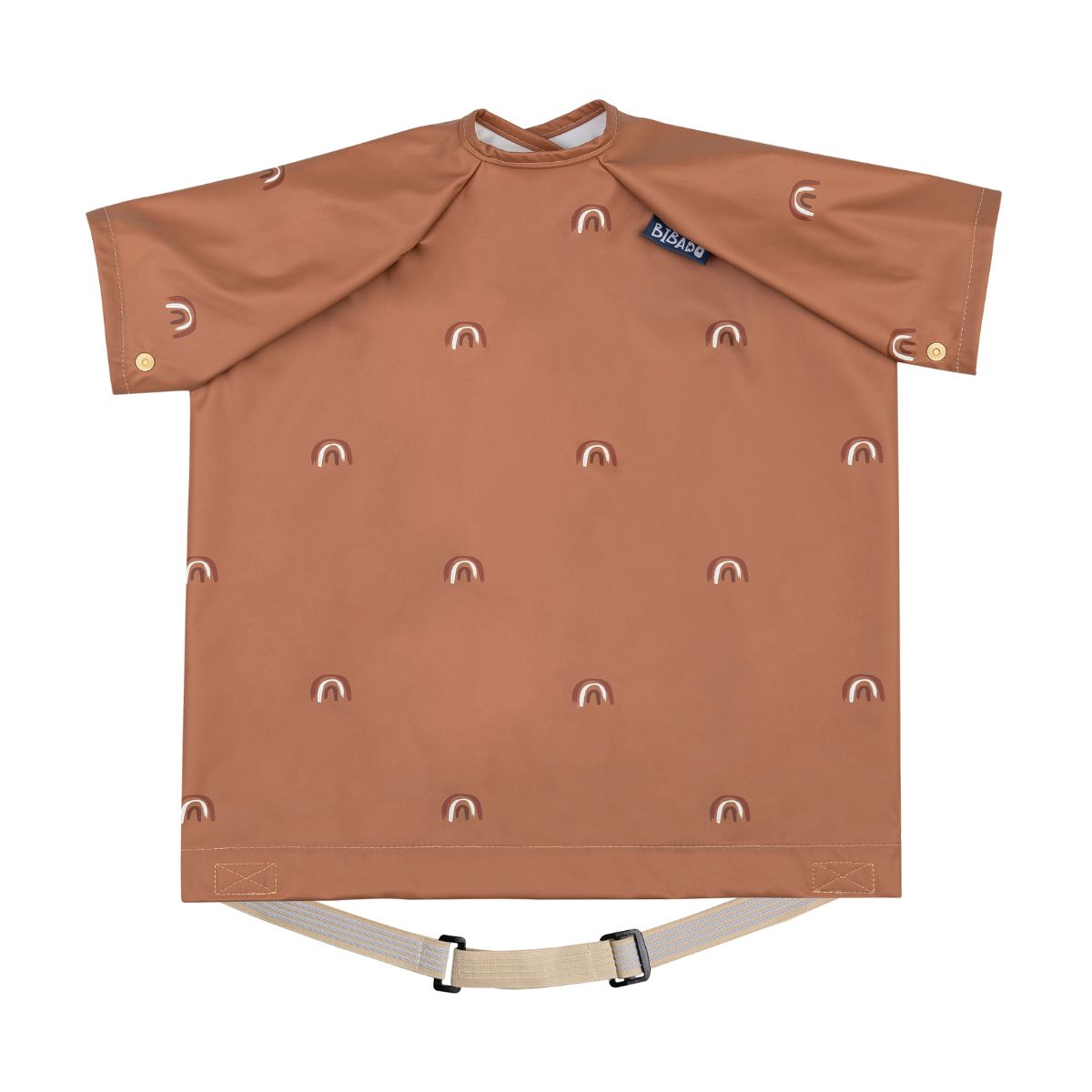Brown Bibado coverall weaning bib with short sleeves and a subtle rainbow pattern. - Product image