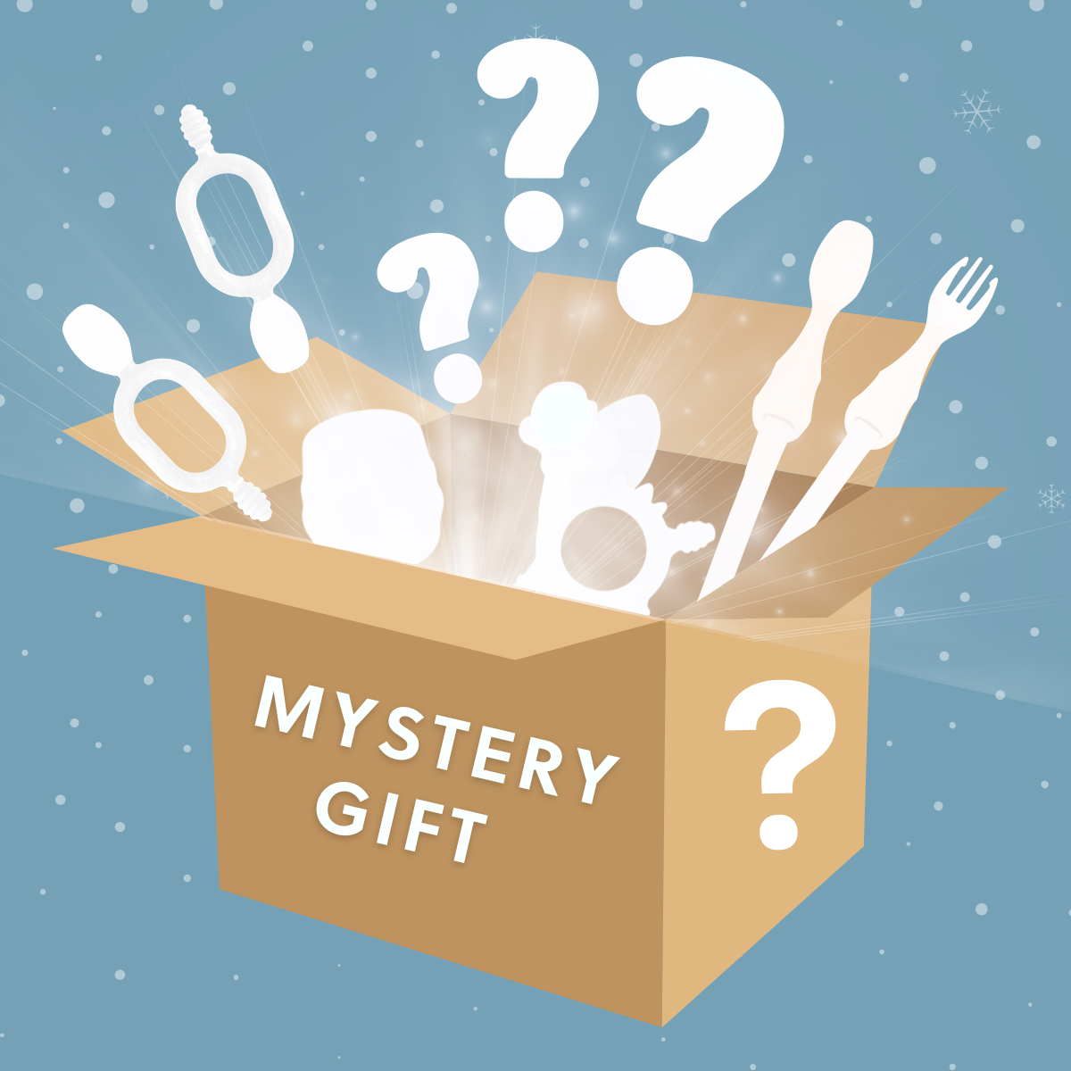 Brown mystery gift box with "MYSTERY GIFT" text, question marks, and glowing white weaning products emerging. - Product image