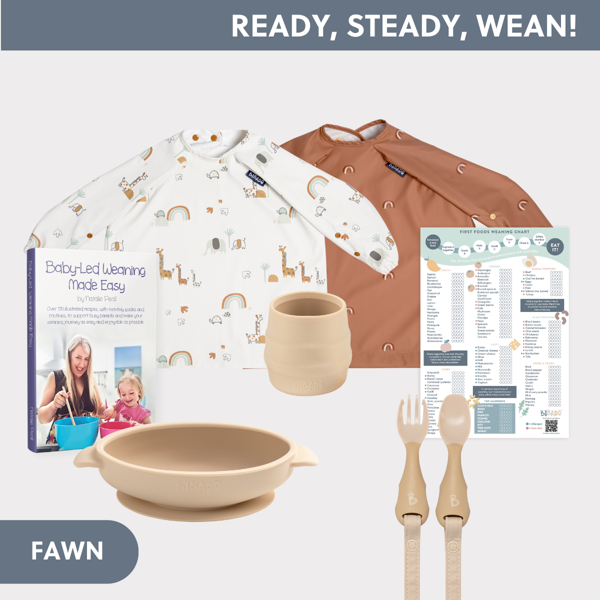 Fawn baby-led weaning bundle: long-sleeve bibs (rainbow, safari), silicone bowl, cup, fork, spoon, weaning book, and food chart. - Product image