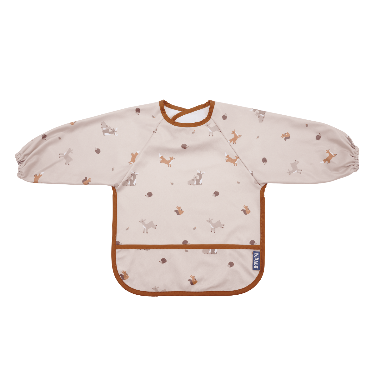 Bibado coverall weaning bib in beige with woodland animal print and brown trim. - Product image