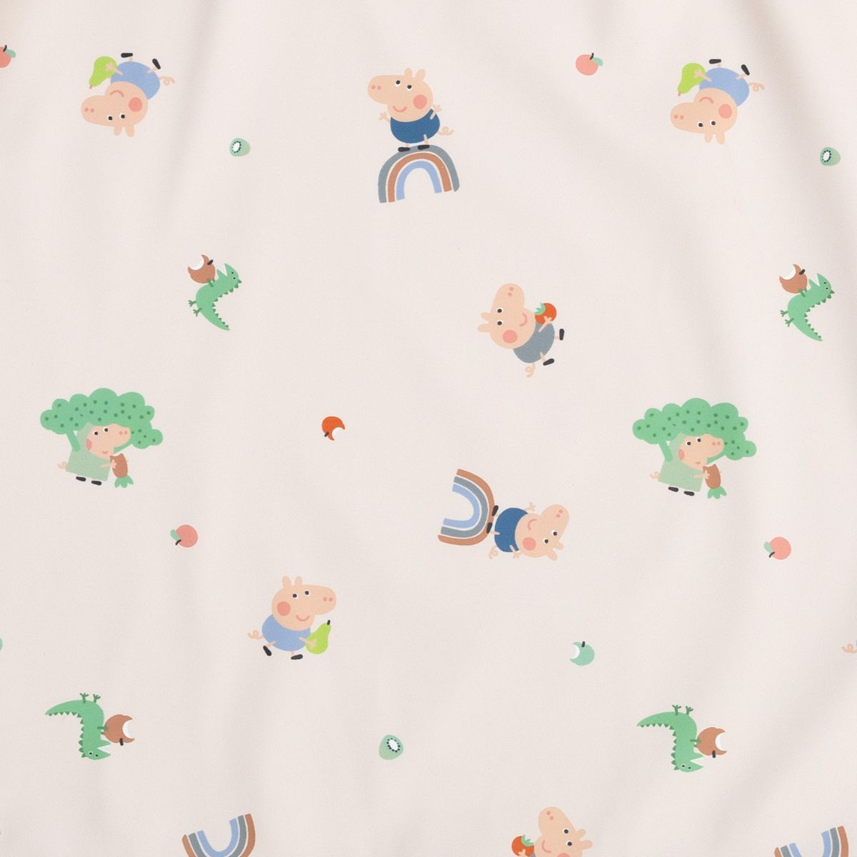 Light pink long-sleeve weaning bib with Peppa Pig, George, rainbows, broccoli, and fruit patterns. - Product image