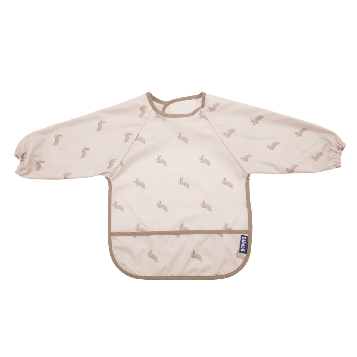 Light pink long-sleeved weaning bib with brown bunny print and brown trim, featuring a front pocket. - Product image