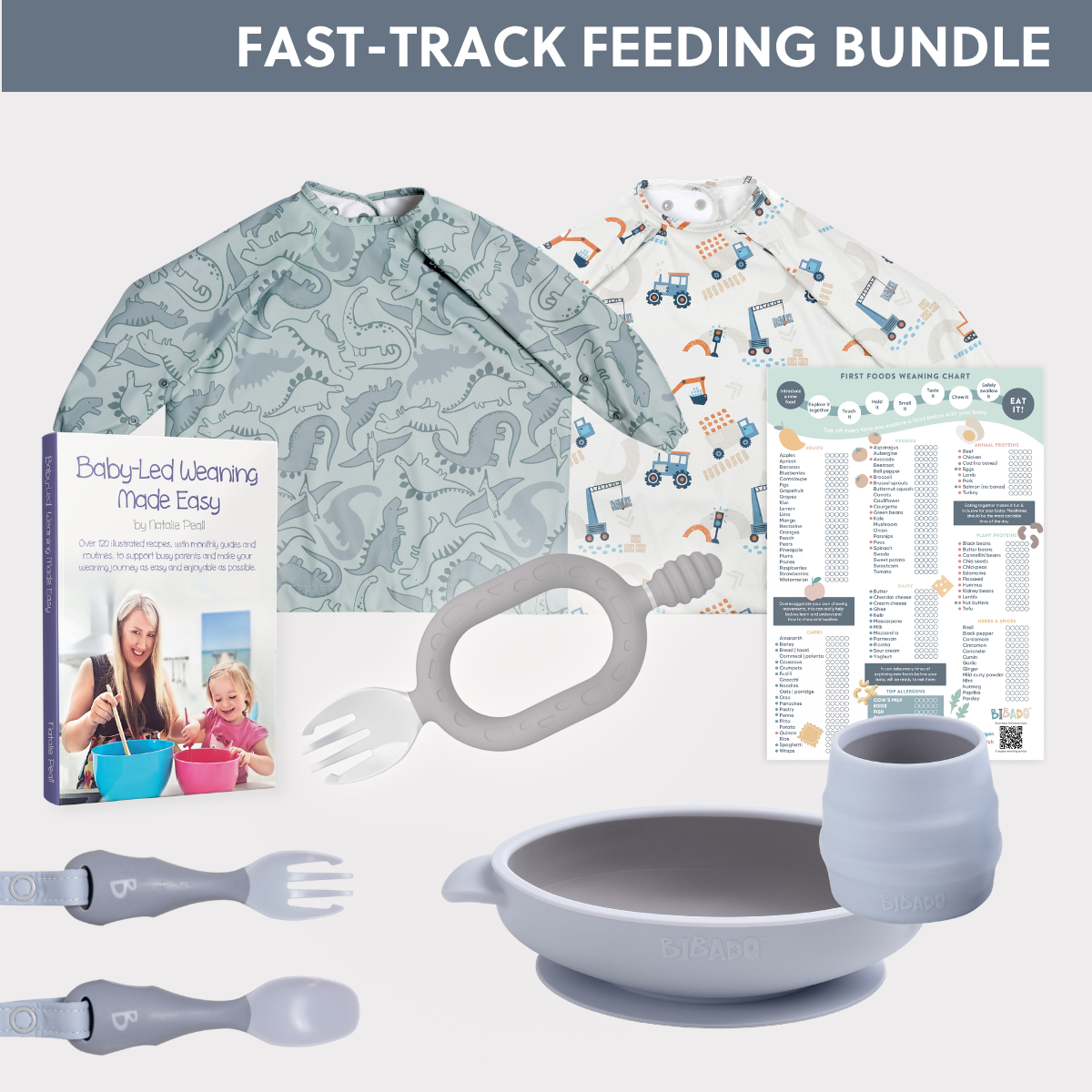 Grey dinosaur and construction bibs, Baby-Led Weaning book, silicone bowl, cup, and cutlery set. - Product image