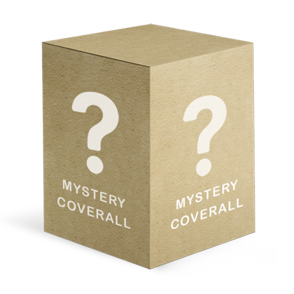 Brown cardboard box with white question marks and "MYSTERY COVERALL" text on two visible sides. - Product image