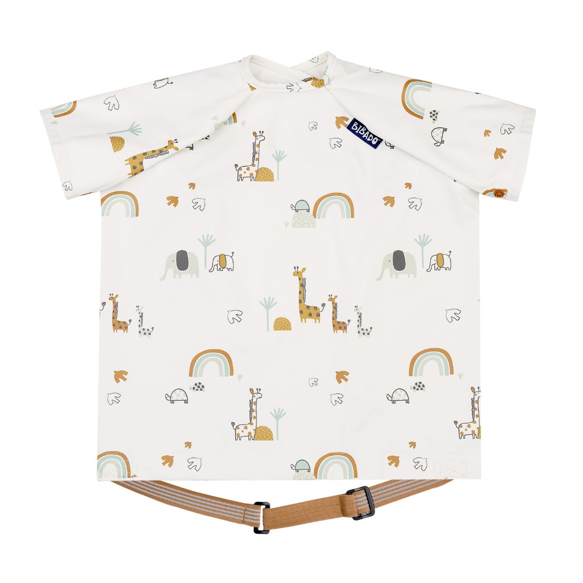 White short-sleeve Bibado coverall bib with a colorful giraffe, elephant, and rainbow pattern, featuring a brown adjustable strap. - Product image