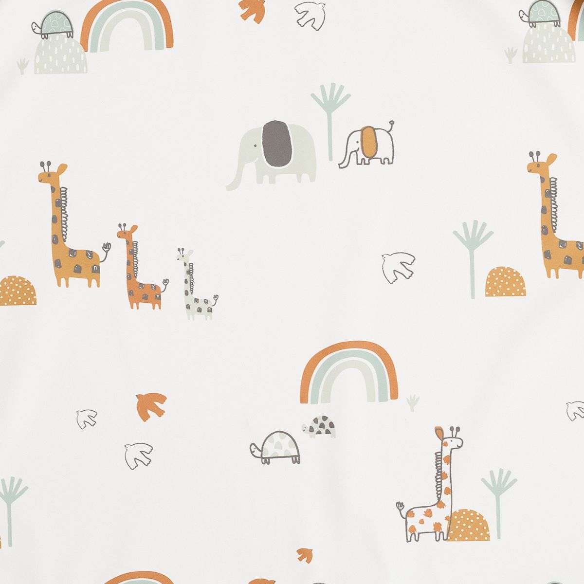 White long-sleeve coverall weaning bib with a colorful safari animal and rainbow pattern. - Product image