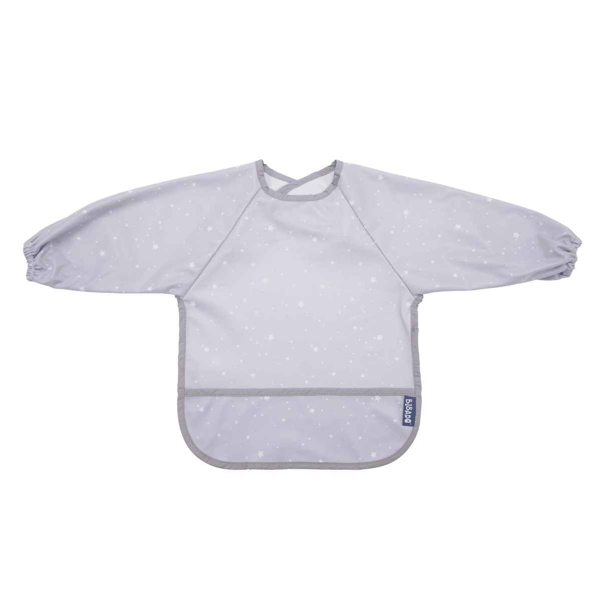 Light grey Bibado coverall weaning bib with white star pattern and long sleeves. - Product image
