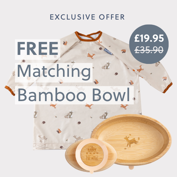 Beige long-sleeved coverall bib with woodland animal print and two matching bamboo bowls. - Product image
