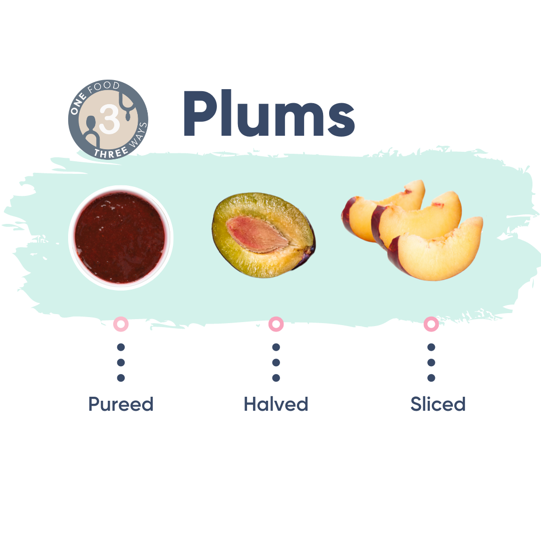Pureed plum in a white bowl, a halved plum showing its stone, and three sliced plums.
