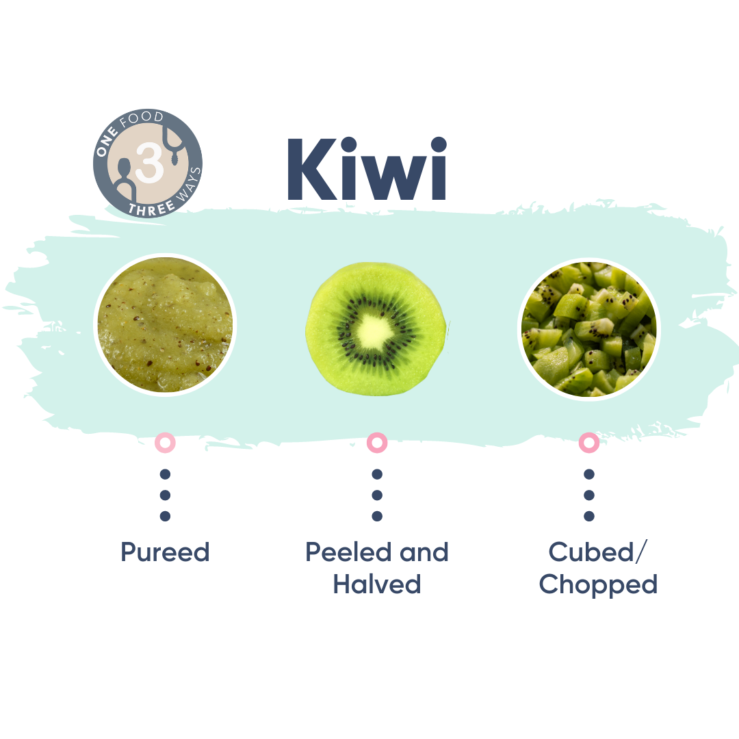 Three ways to prepare kiwi: pureed, peeled and halved, and cubed/chopped.