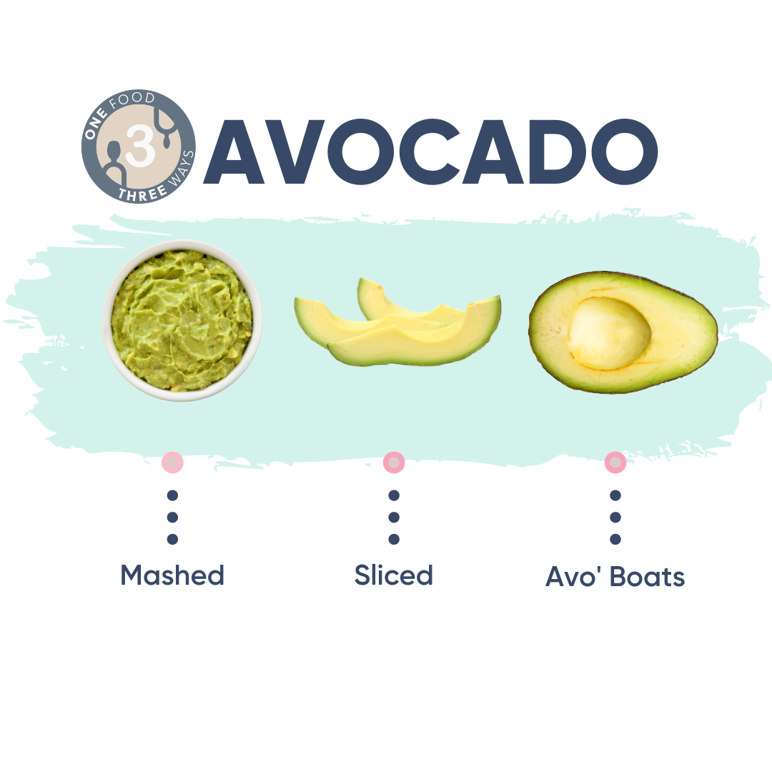 Avocado prepared three ways: mashed in a bowl, sliced, and halved for 'Avo' Boats.