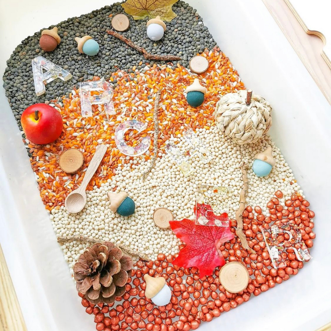 Woodland walk sensory tray with lentils, corn, beans, acorns, leaves, and ABC letters.