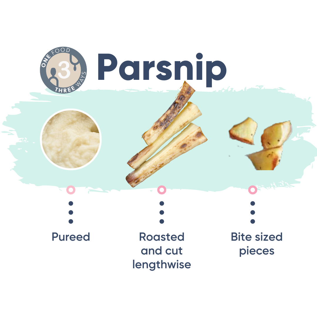 Parsnip prepared three ways: pureed, roasted lengthwise, and bite-sized pieces.