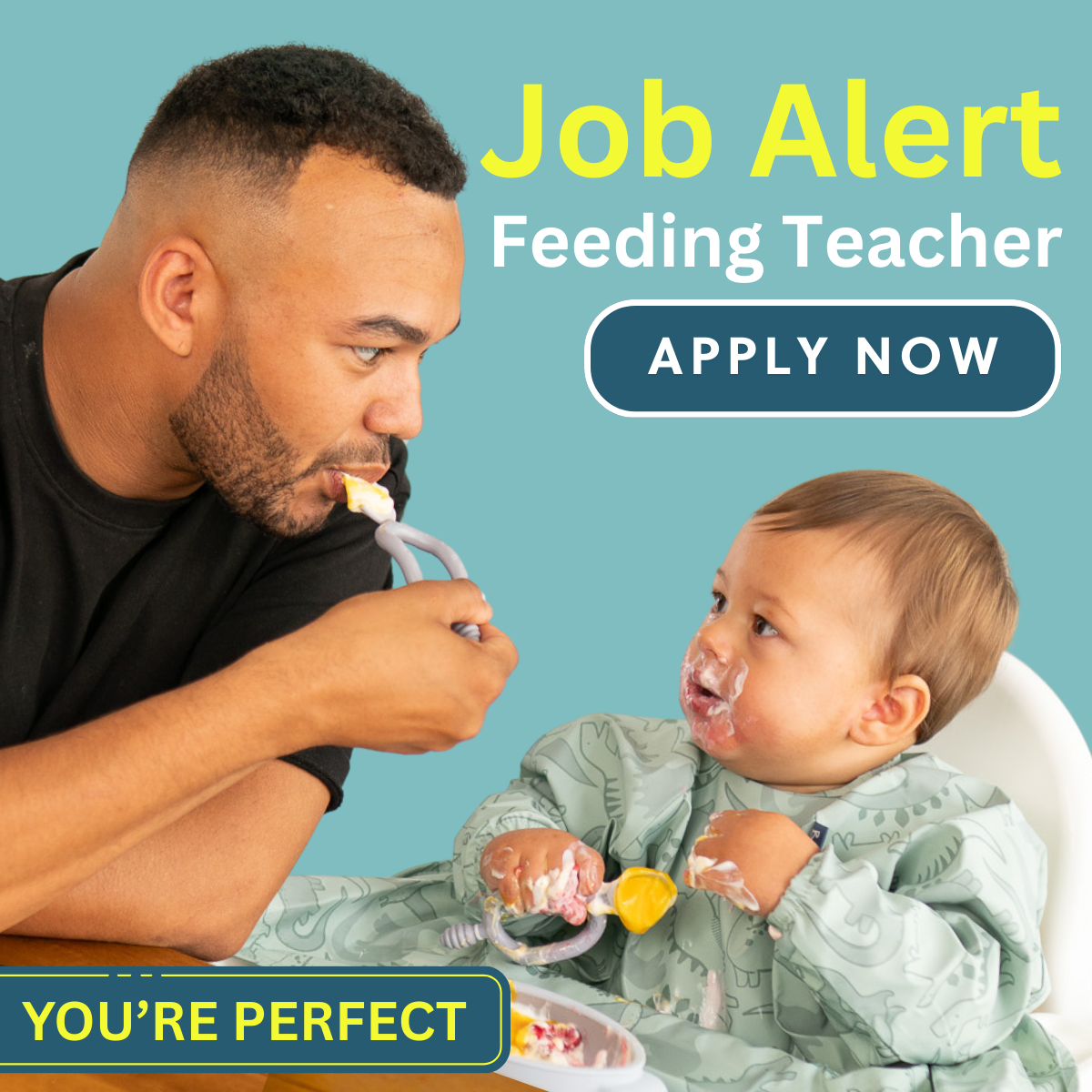 Father modelling eating to a baby during weaning, both with messy faces.