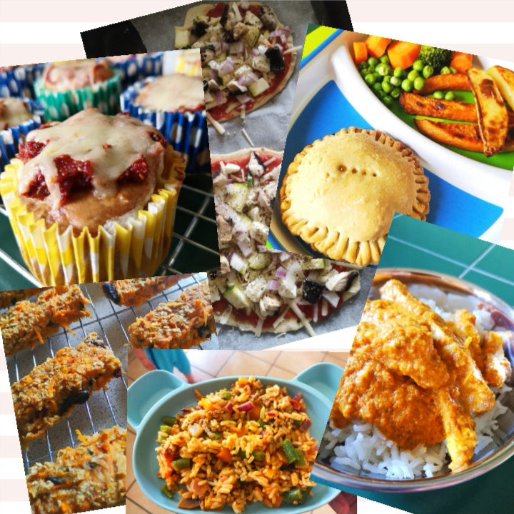 Collage of various healthy, homemade meals including pizza, muffins, pie, chicken curry, and rice.