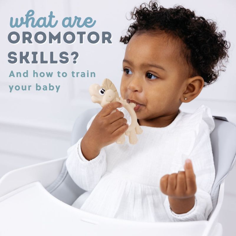 A baby in a high chair chews a beige dinosaur teether, developing oromotor skills.