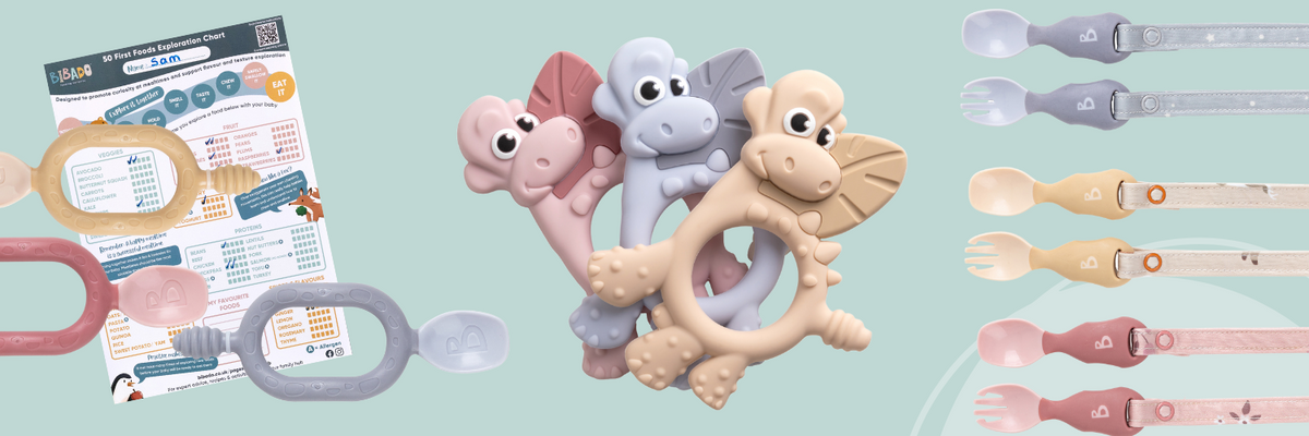 Pastel silicone baby teethers and feeding sets with a first foods chart.
