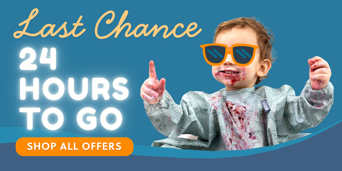 Promotional banner with the text 'Last Chance 24 Hours To Go' and 'Shop All Offers' on a blue background, alongside a child wearing orange sunglasses and a messy Dino bib.