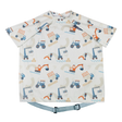 White short-sleeve coverall bib with blue and orange construction vehicle print, featuring a light blue adjustable strap.