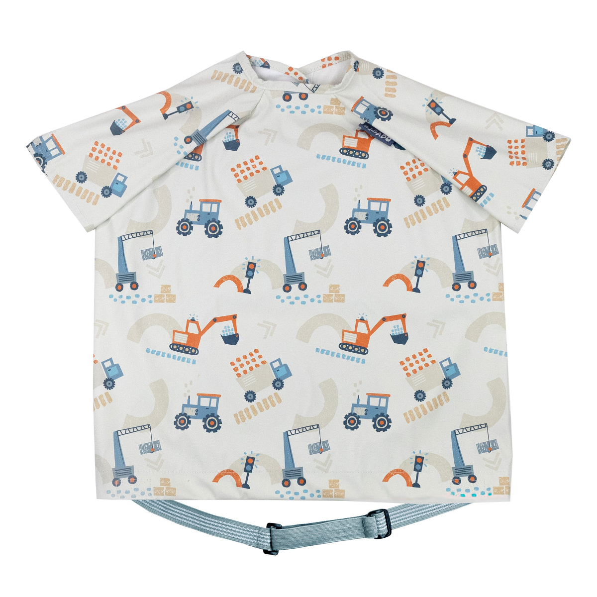 White short-sleeve coverall bib with blue and orange construction vehicle print, featuring a light blue adjustable strap. - Product image