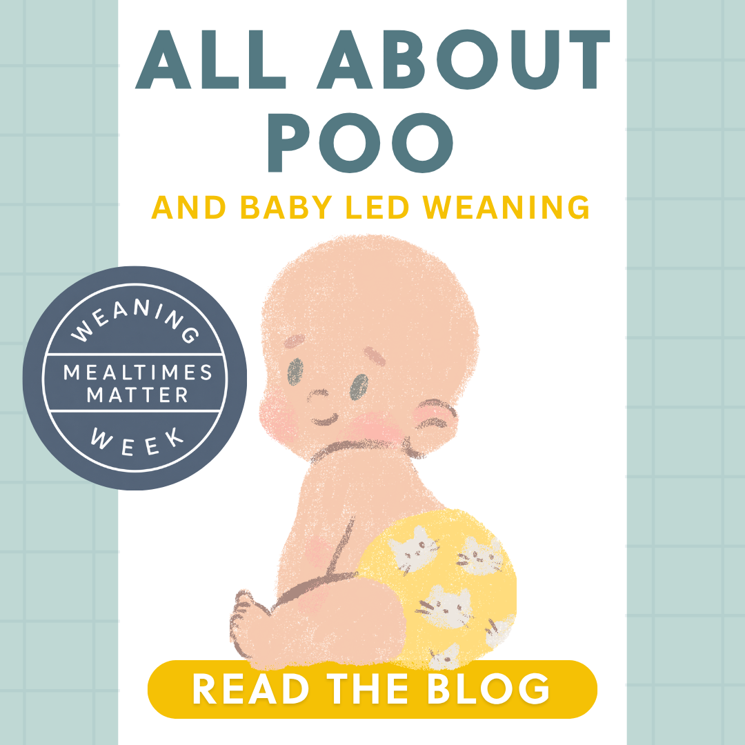 Cartoon baby in a yellow nappy with white cats, promoting a blog about baby poo and weaning.