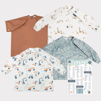 Four waterproof baby bibs: white with rainbows/animals, brown with rainbows, blue with dinosaurs, and white with construction vehicles. Includes a weaning chart.