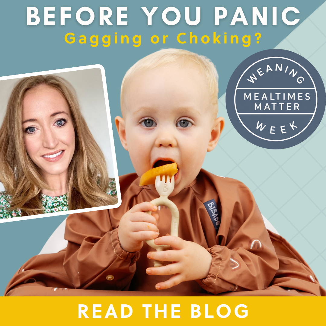 Blonde woman smiling next to a baby in a brown bib eating with a fork, "Gagging or Choking?" text.