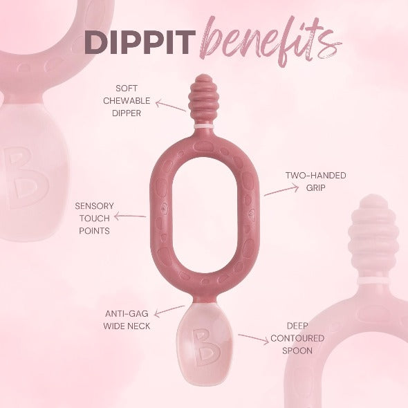 Pink silicone Dippit baby spoon and textured dipper with two-handed grip, sensory points, and anti-gag wide neck. - Product image