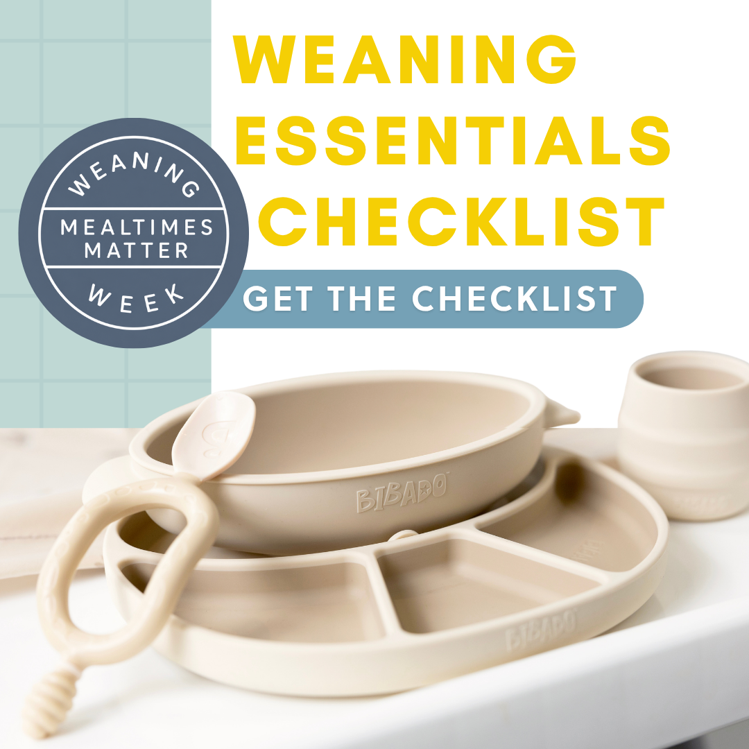 Beige silicone baby weaning set with bowl, divided plate, spoon, and cup.