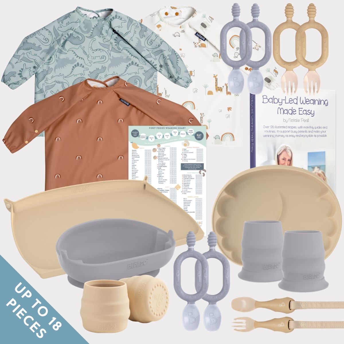 Baby weaning and feeding kit with multiple pieces including a patterned long-sleeve top, a rust-colored bib, silicone cups, a silicone bowl, silicone spoons, silicone teethers, two handled spoons and sporks, a plate, and a booklet titled 'Baby Led Weaning Made Easy' on a white background.


