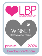 LovedByParents Platinum 2024 Winner badge for Best Weaning Product, with pink and grey hearts.