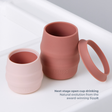 Two silicone cups in matte dusty pink and pale blush pink, shown on a clean white surface with a small text overlay describing the next stage of use.