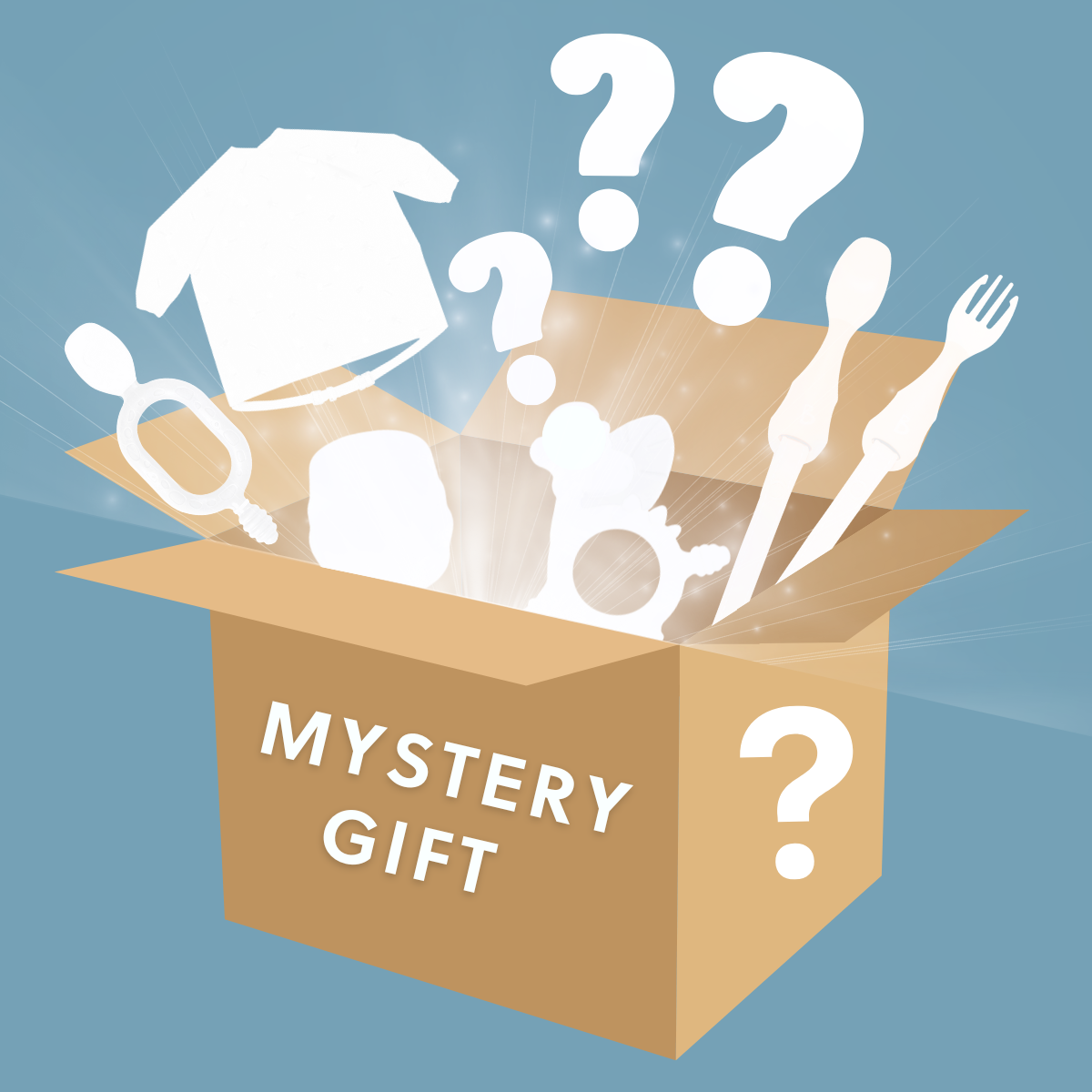 Brown cardboard box with "MYSTERY GIFT" text, containing various white silhouette items and question marks. - Product image